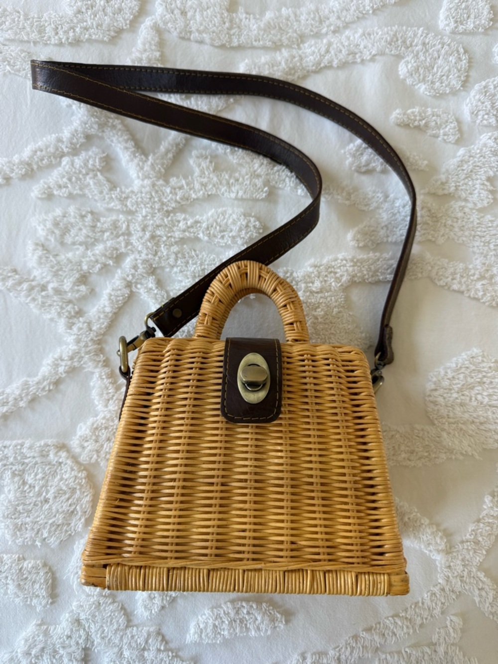 Street Level Rattan Crossbody in Natural Tan with Dark Brown Leather